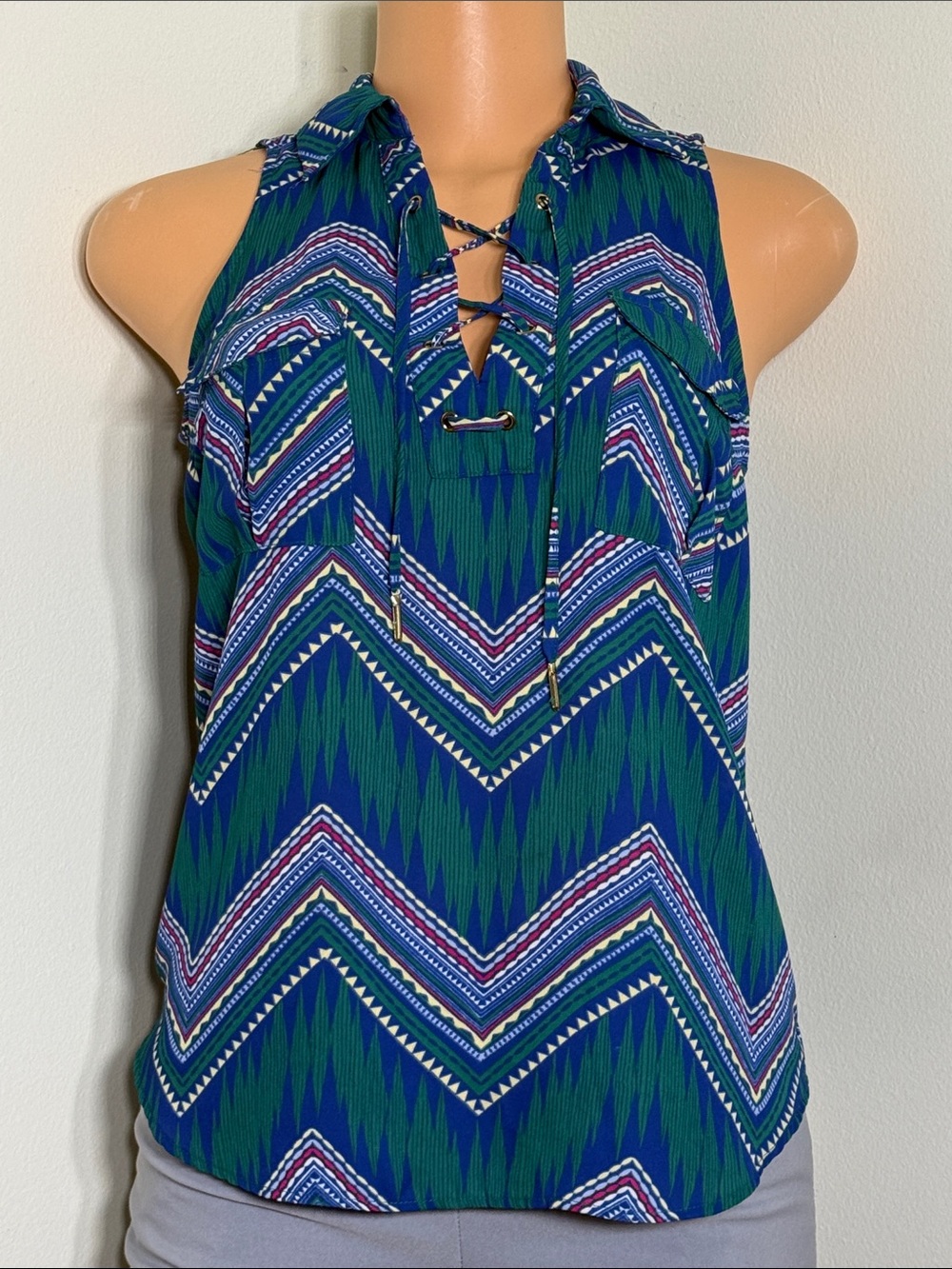 Candie's Blue and Green Chevron Lace-Up Halter Top